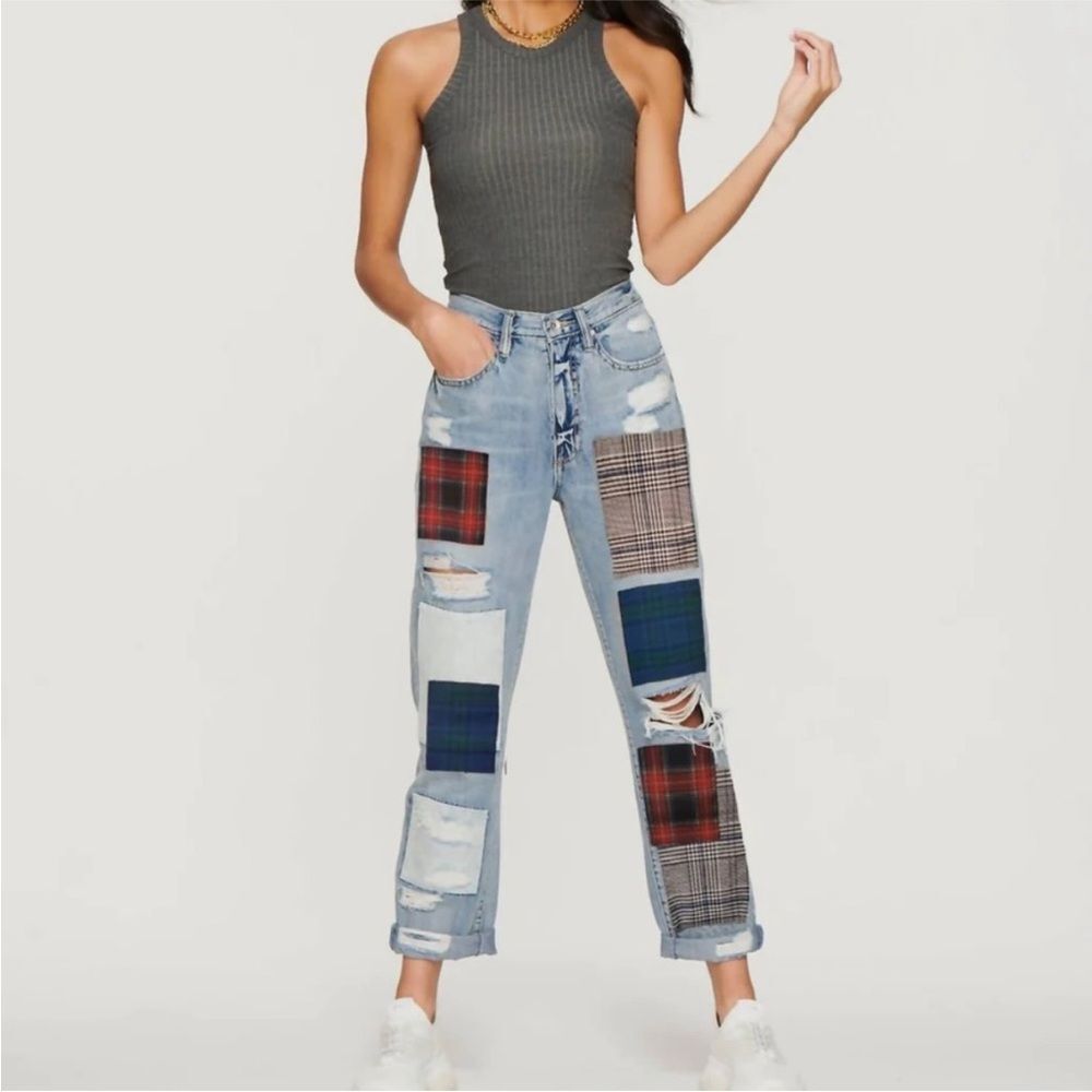 Anthropologie Blue Revival Plaid Patchwork Straight Jeans 27